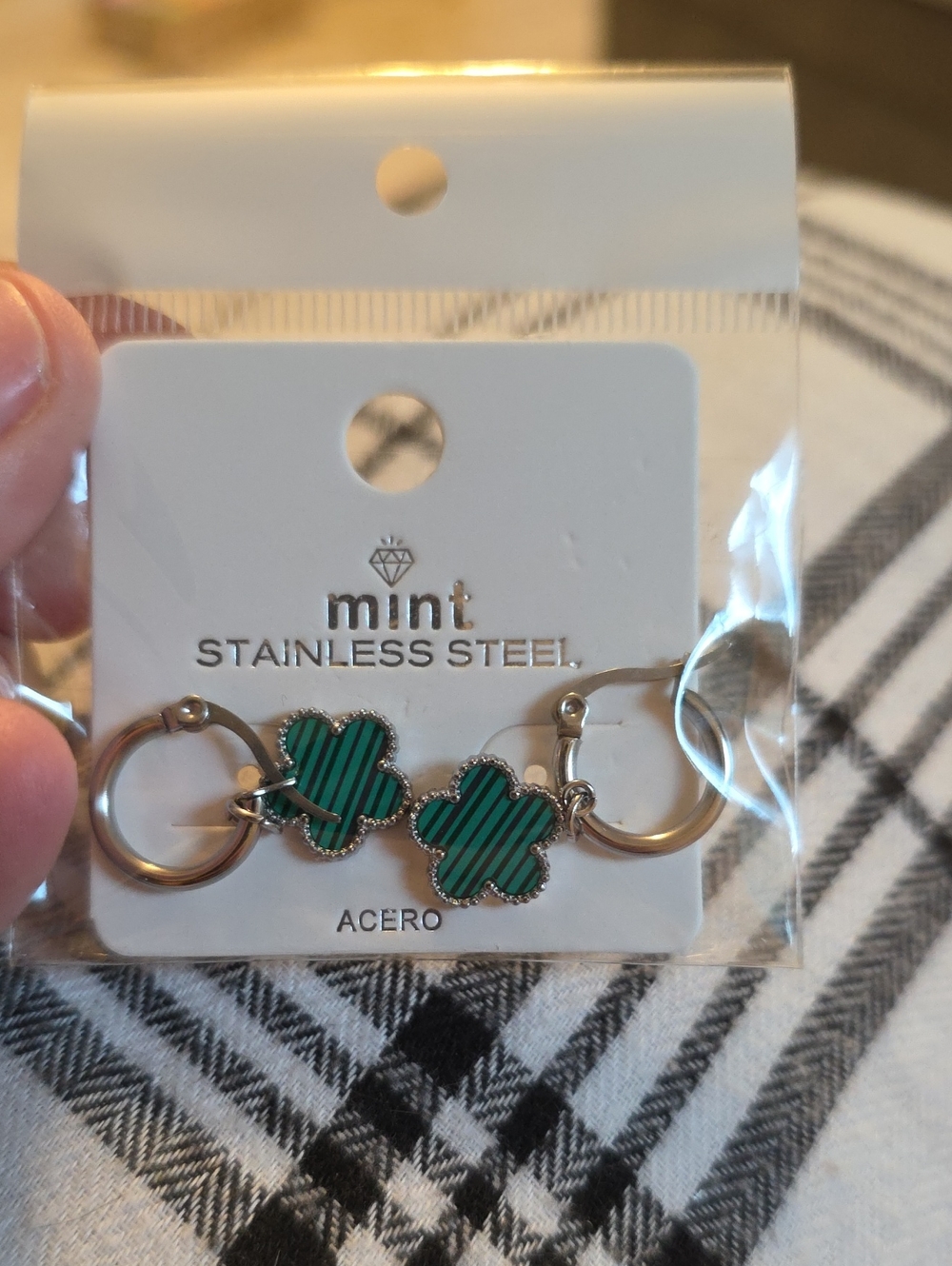 Mint Green Striped Clover Hoop Earrings
